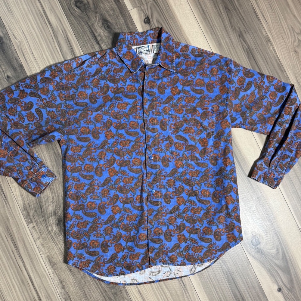 Vintage Gitano Mystics Mens Paisley Button Down Shirt Blue Orange Cotton Medium